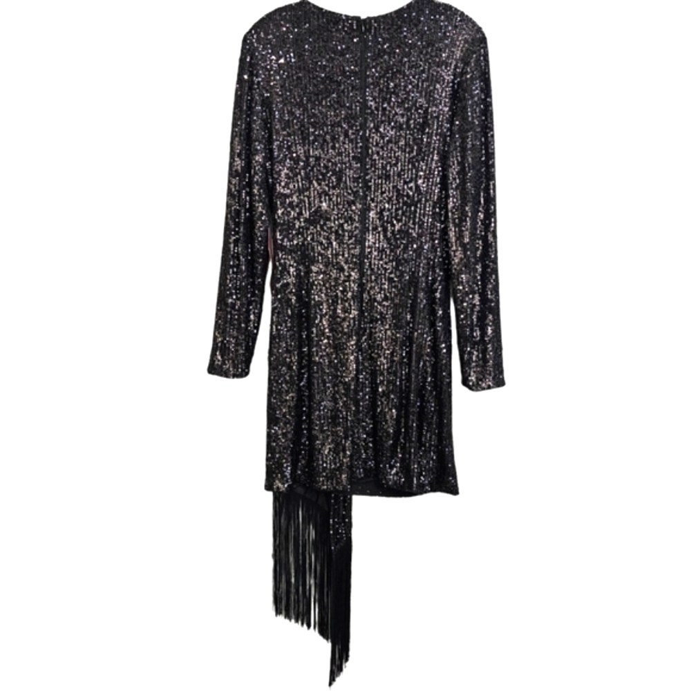 Nwt Belle Badgley Mischka Black Sequin Longsleeve Harley Long Fringed Sa… - Picture 13 of 17